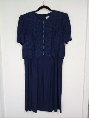 Vintage Plaza South Petites Navy Blue Embellished Dress Button Details Size 12